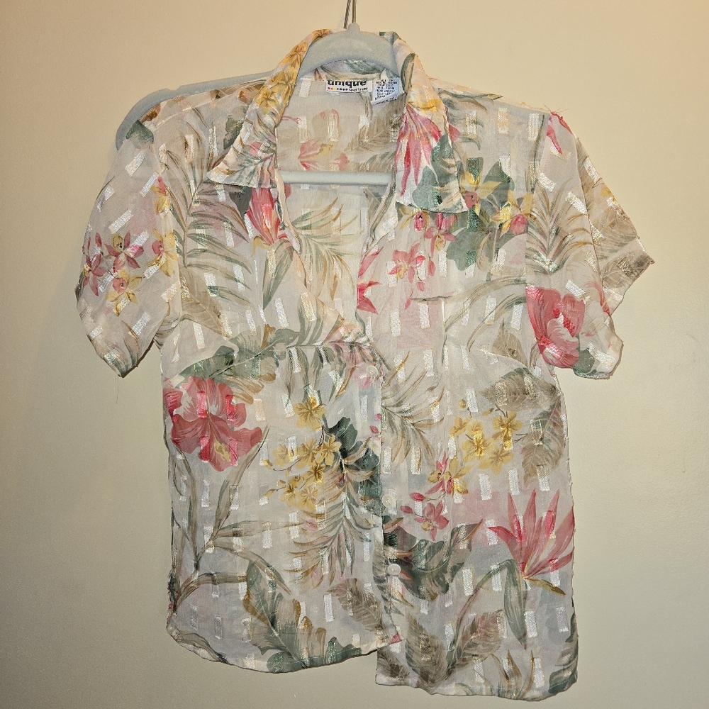 Vtg 90s Unique Spectrum Sheer Hawaiian Shirt M Tropical Floral Button Up Blouse
